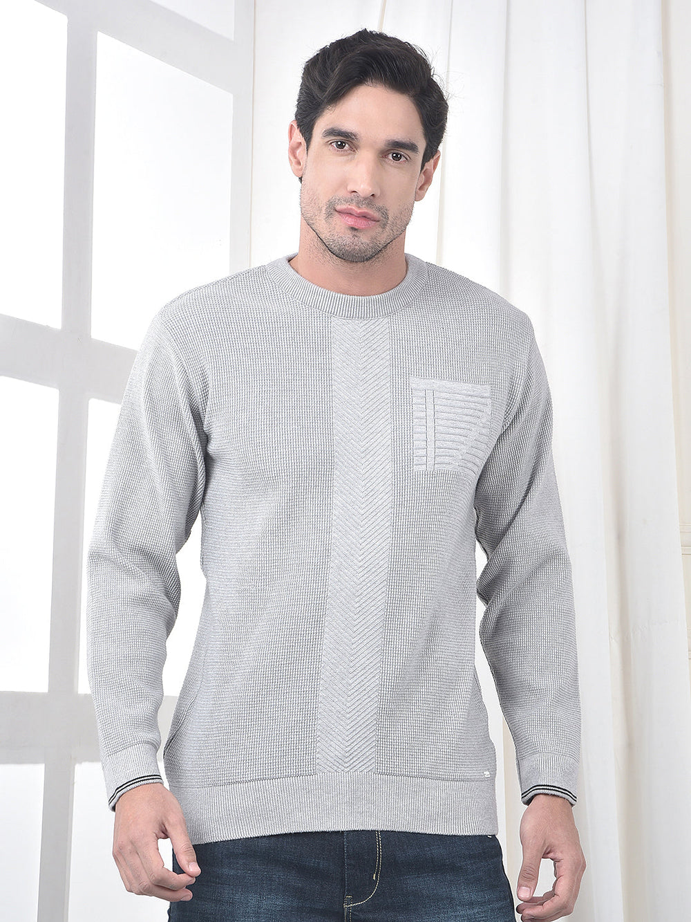 cobb grey self-design round neck sweater