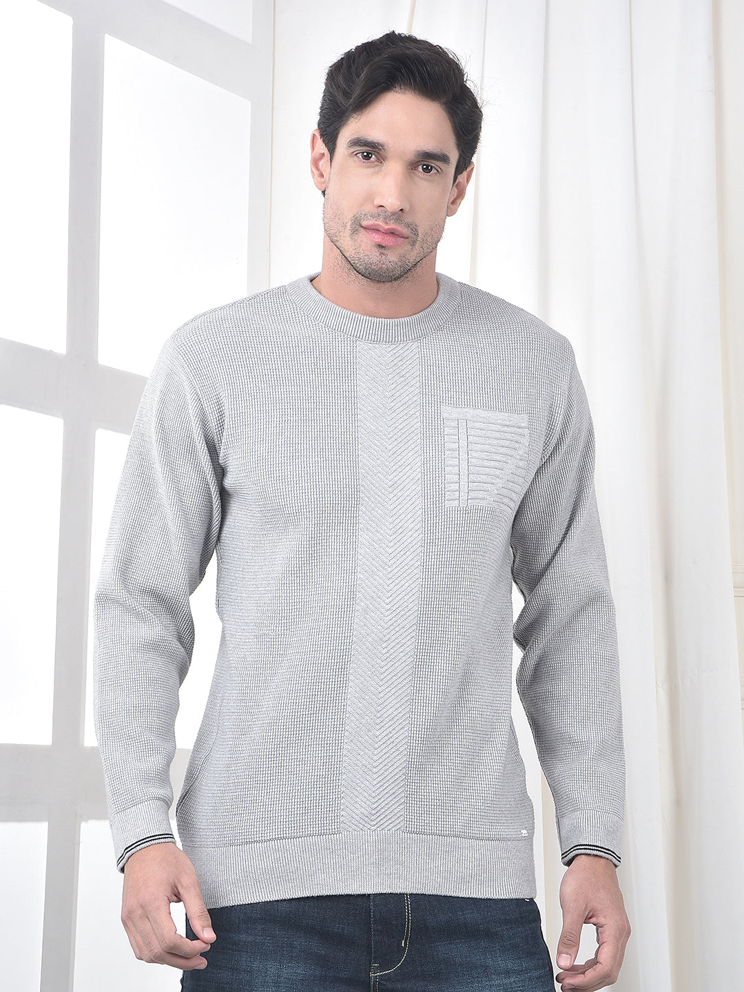 cobb grey self-design round neck sweater