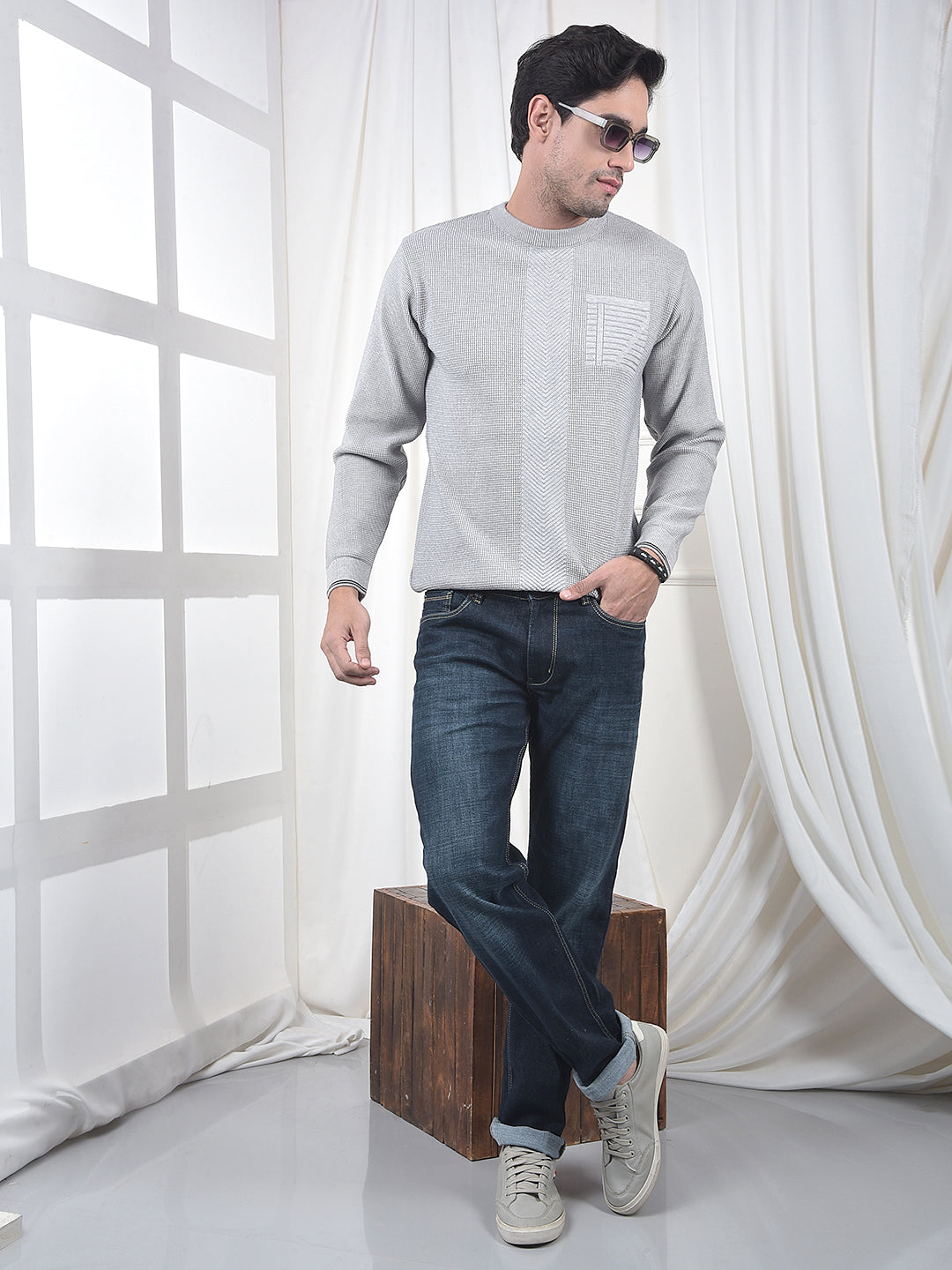 COBB GREY SELF-DESIGN ROUND NECK SWEATER