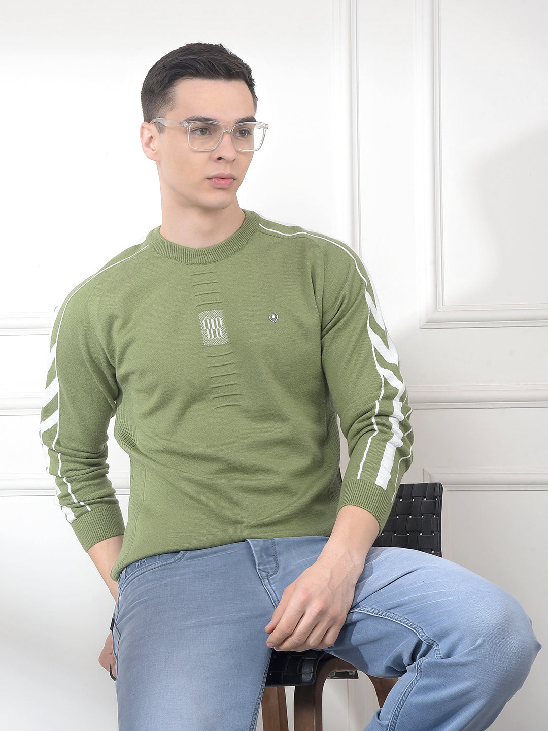 cobb green self-design round neck sweater
