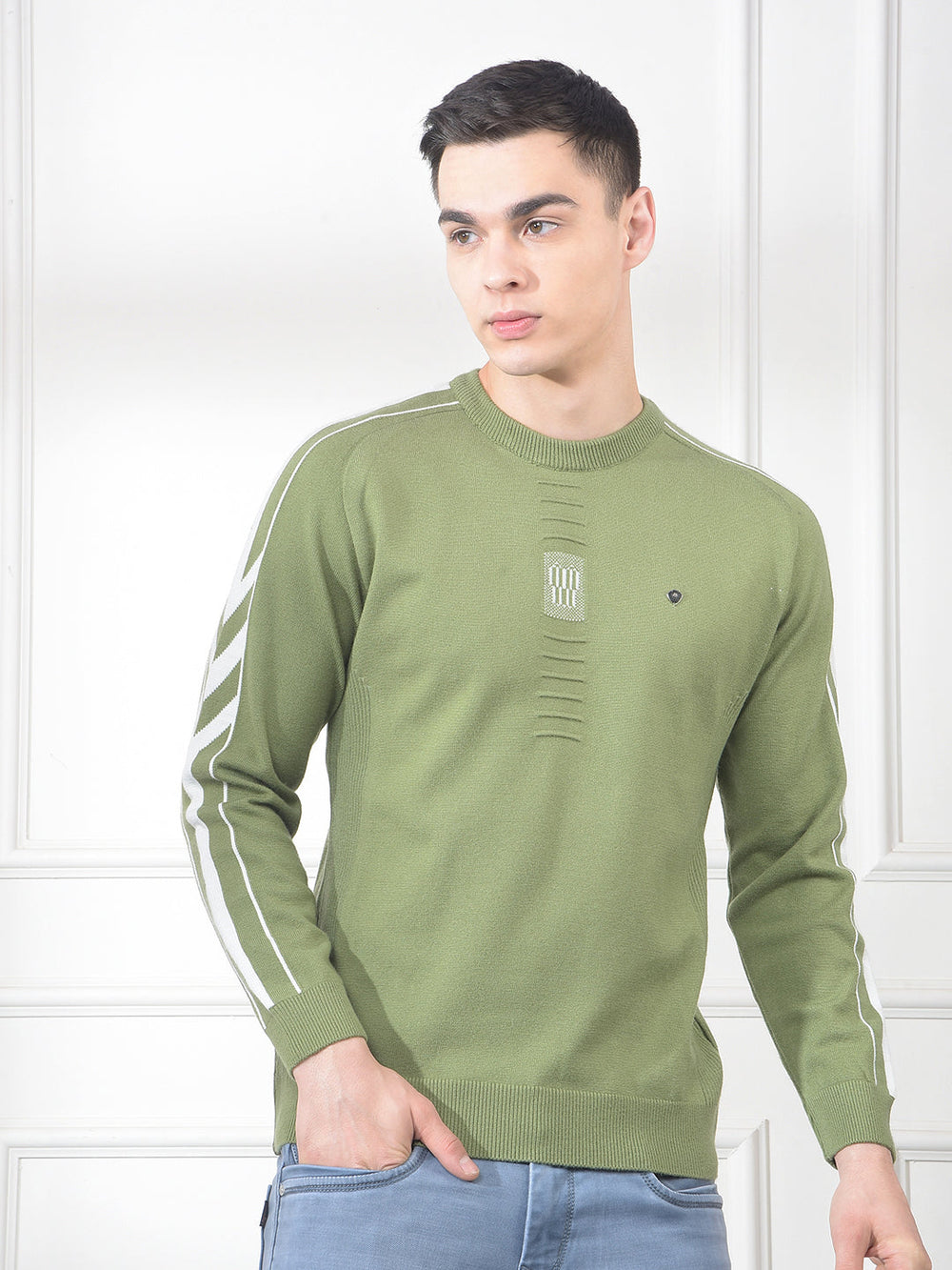 cobb green self-design round neck sweater