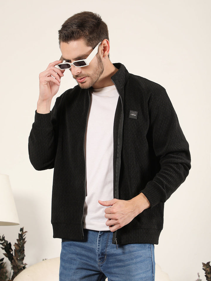 cobb black self-design zip-up sweater