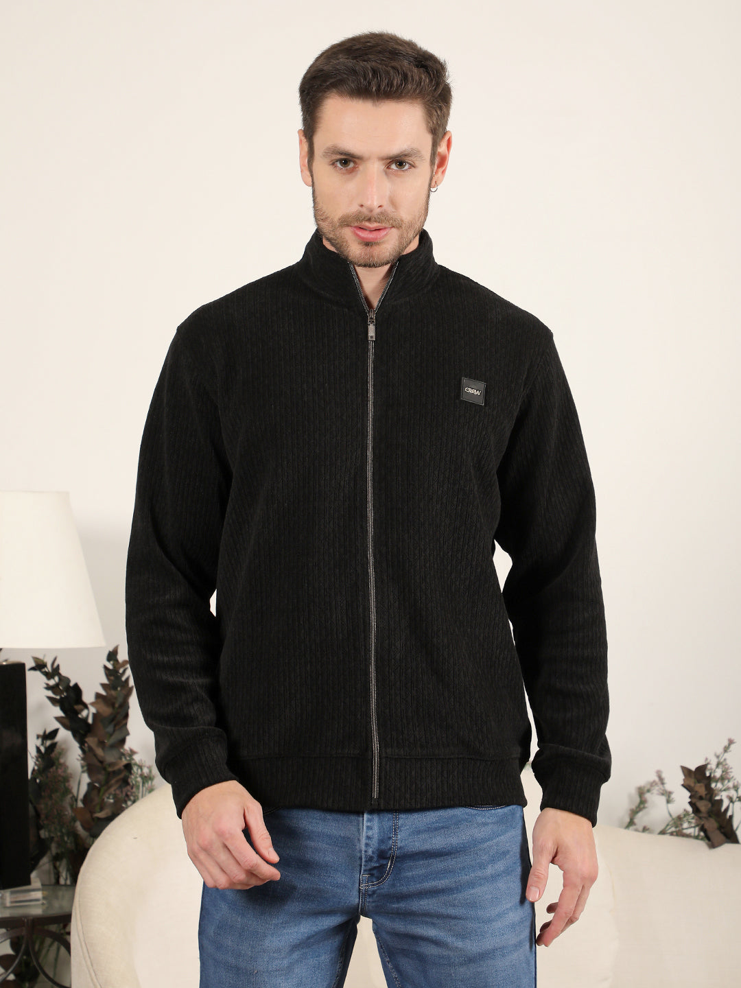 cobb black self-design zip-up sweater