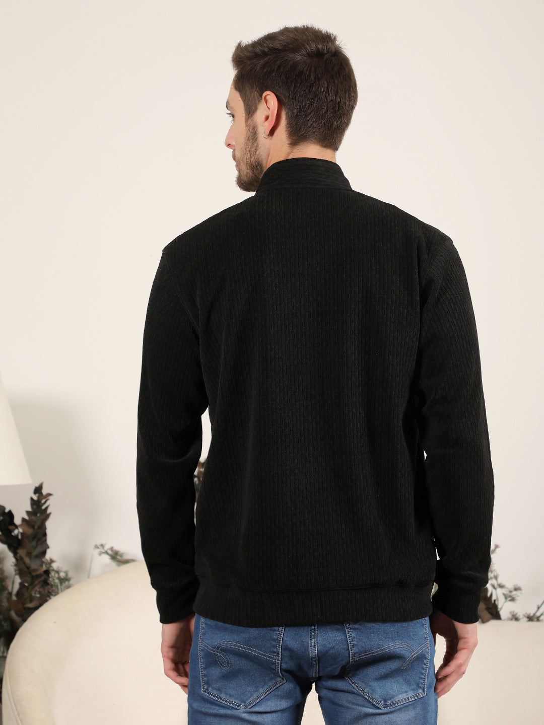 cobb black self-design zip-up sweater