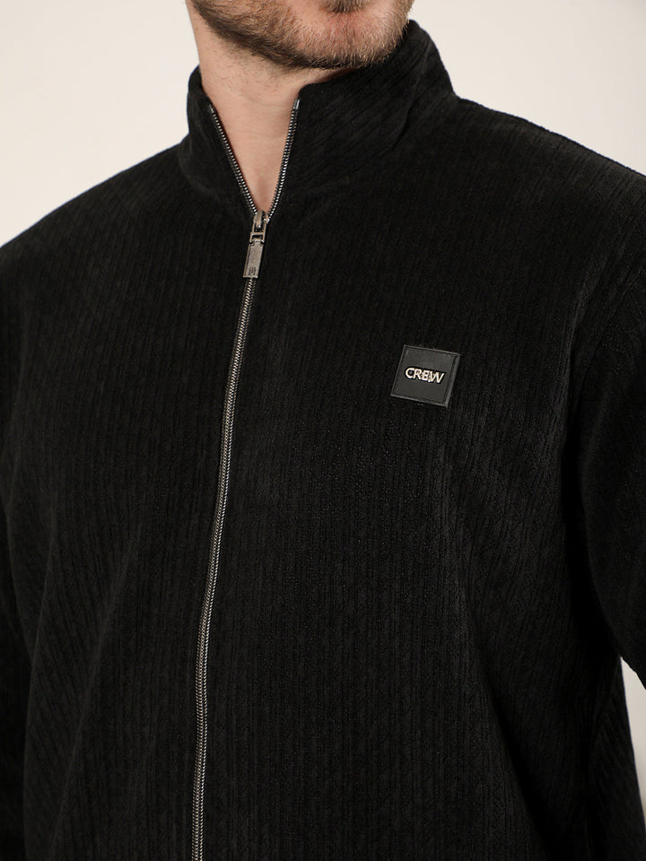 cobb black self-design zip-up sweater