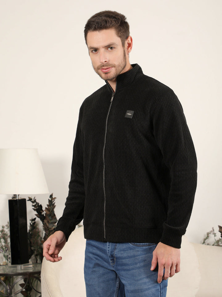 COBB BLACK SELF-DESIGN ZIP-UP SWEATER