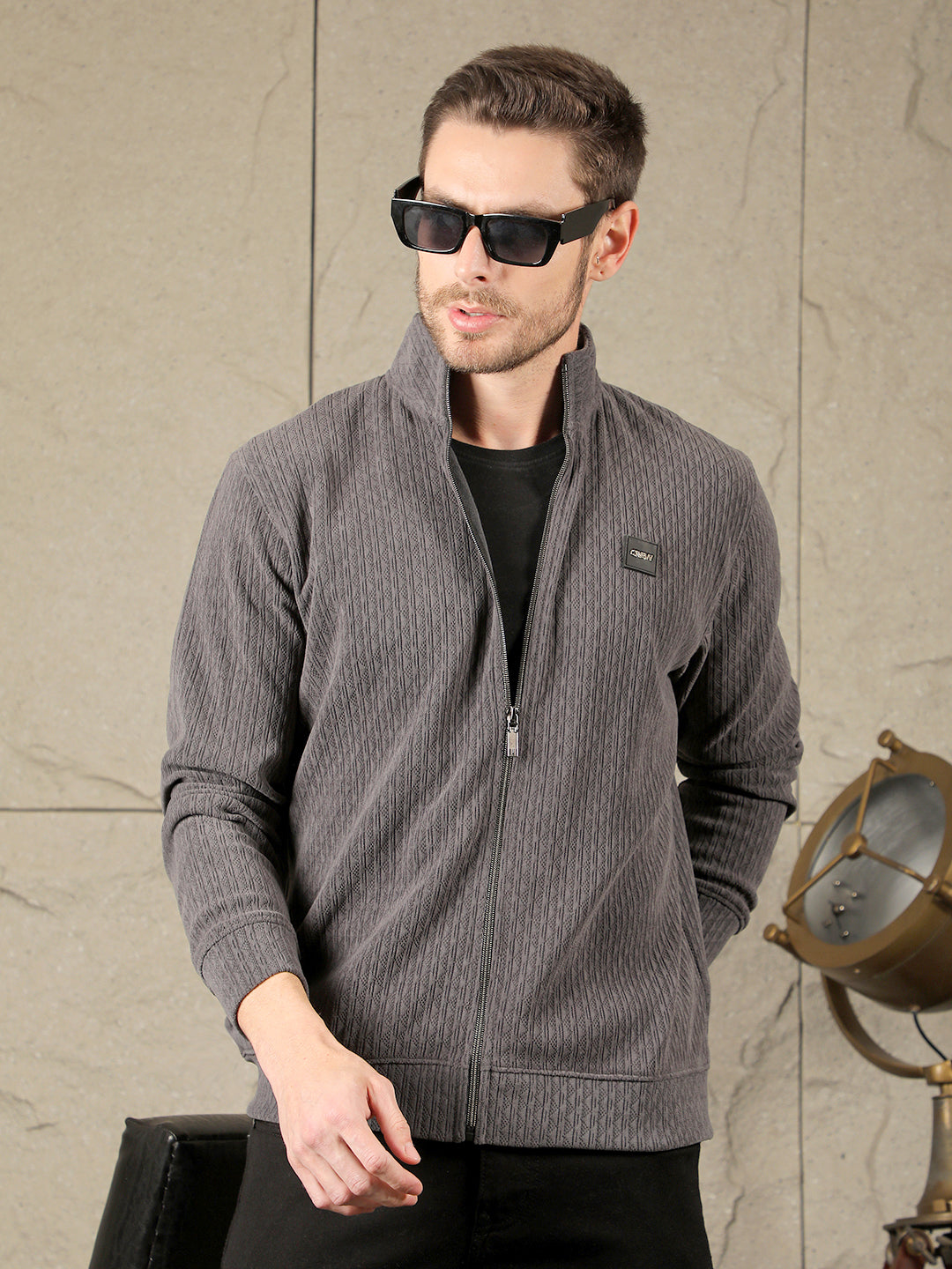 cobb dark grey self-design zip-up sweater