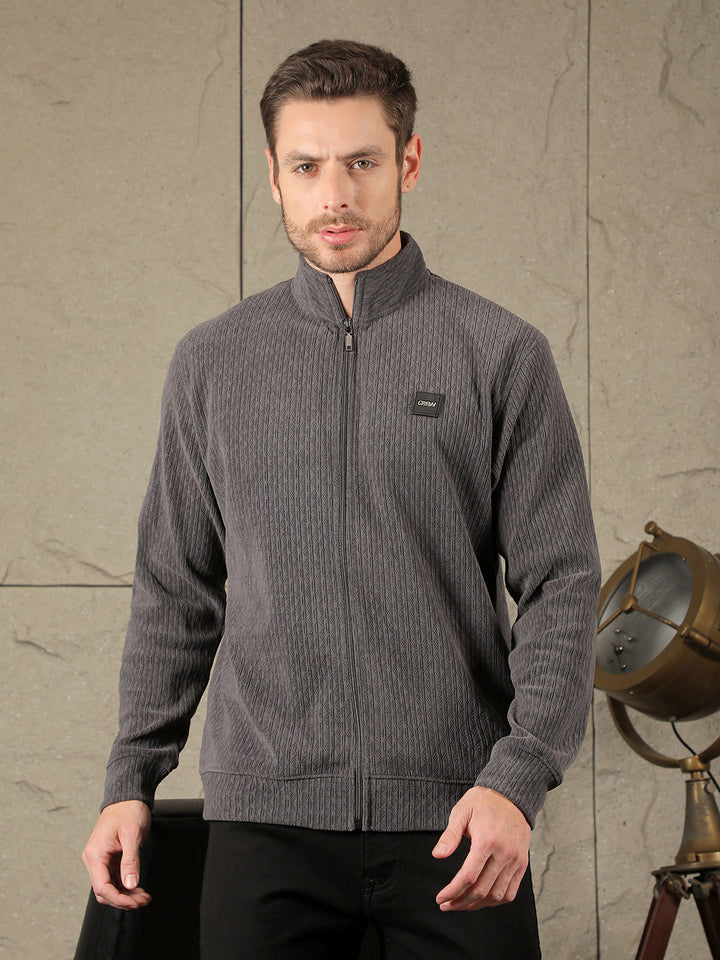 cobb dark grey self-design zip-up sweater