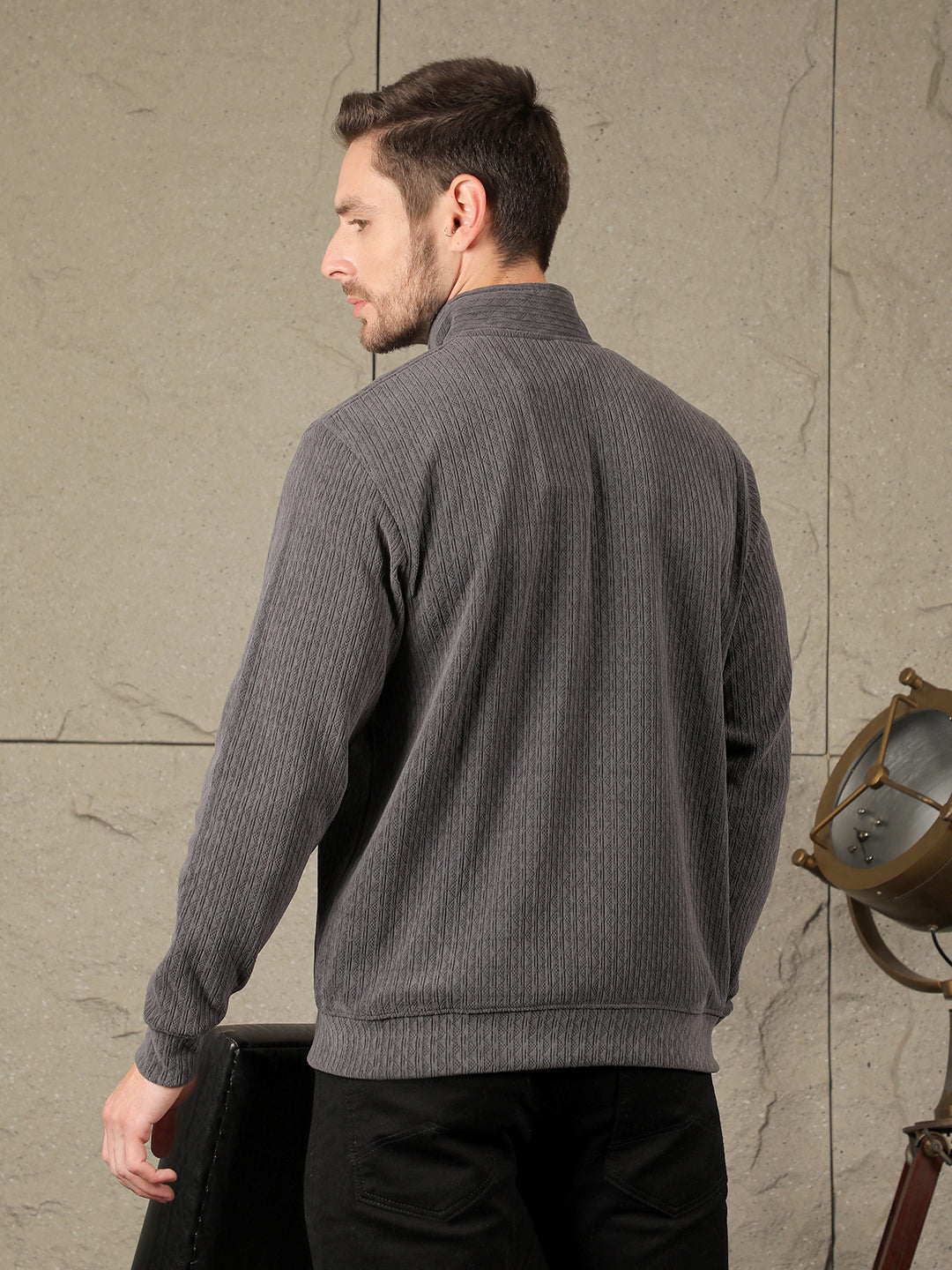 cobb dark grey self-design zip-up sweater