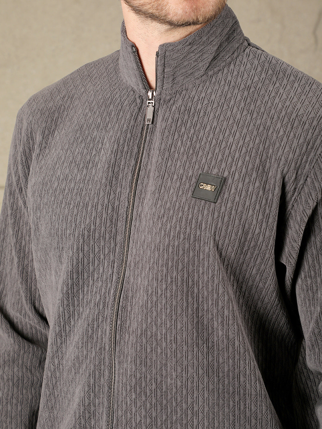 cobb dark grey self-design zip-up sweater