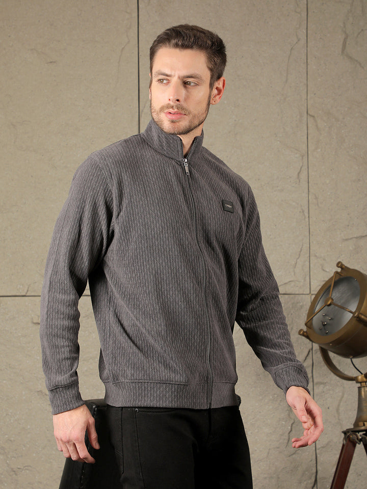 COBB DARK GREY SELF-DESIGN ZIP-UP SWEATER