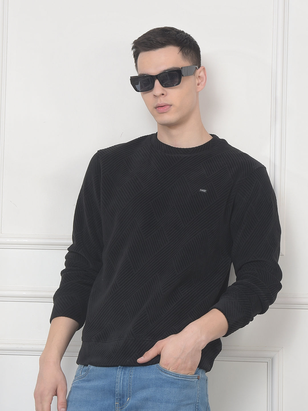 cobb black self-design velvet sweater