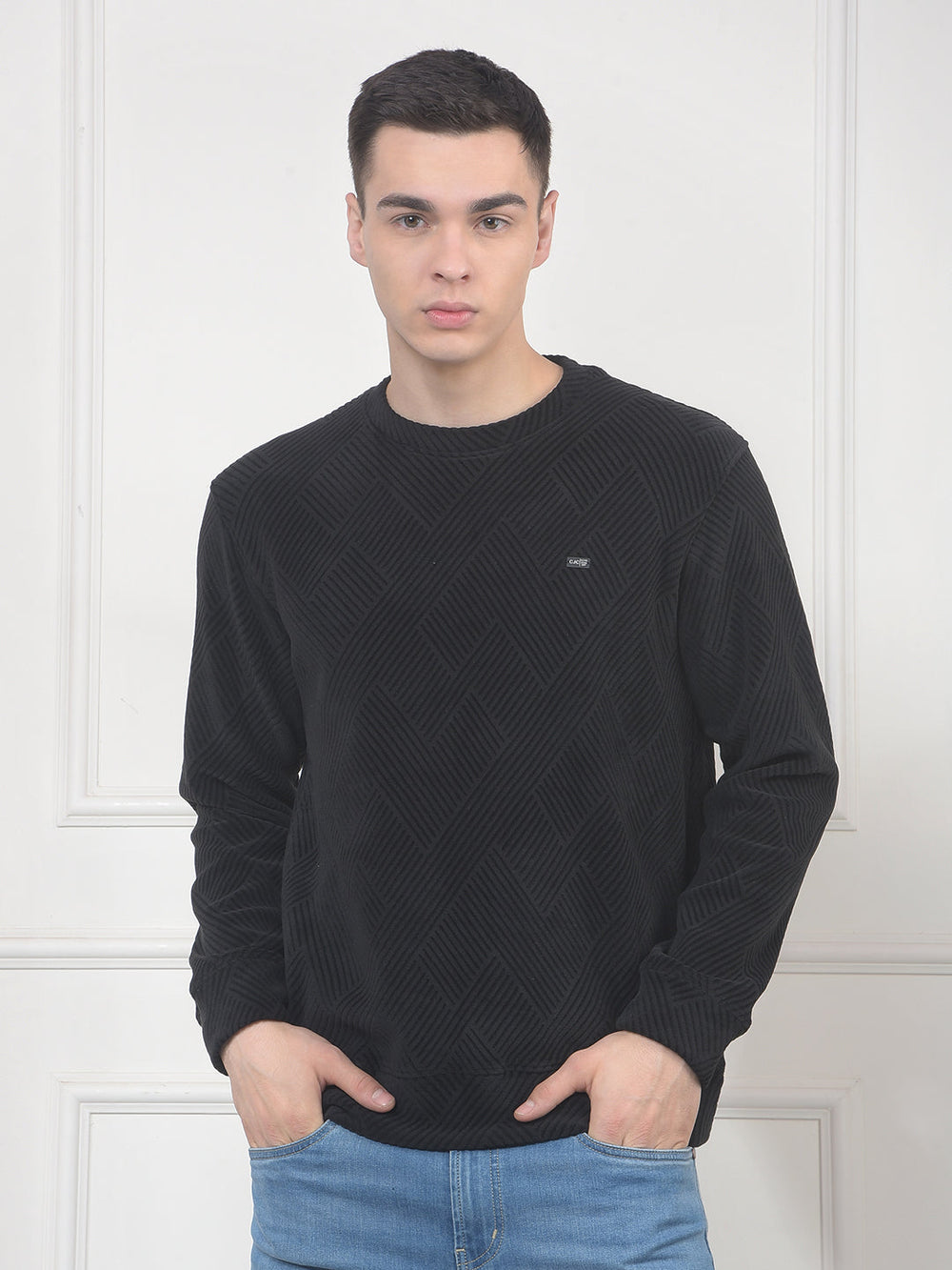 cobb black self-design velvet sweater