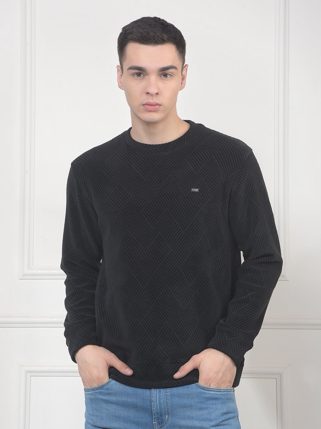 cobb black self-design velvet sweater