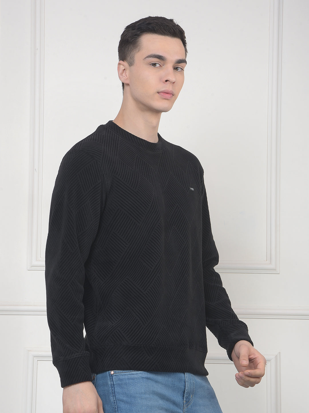 cobb black self-design velvet sweater
