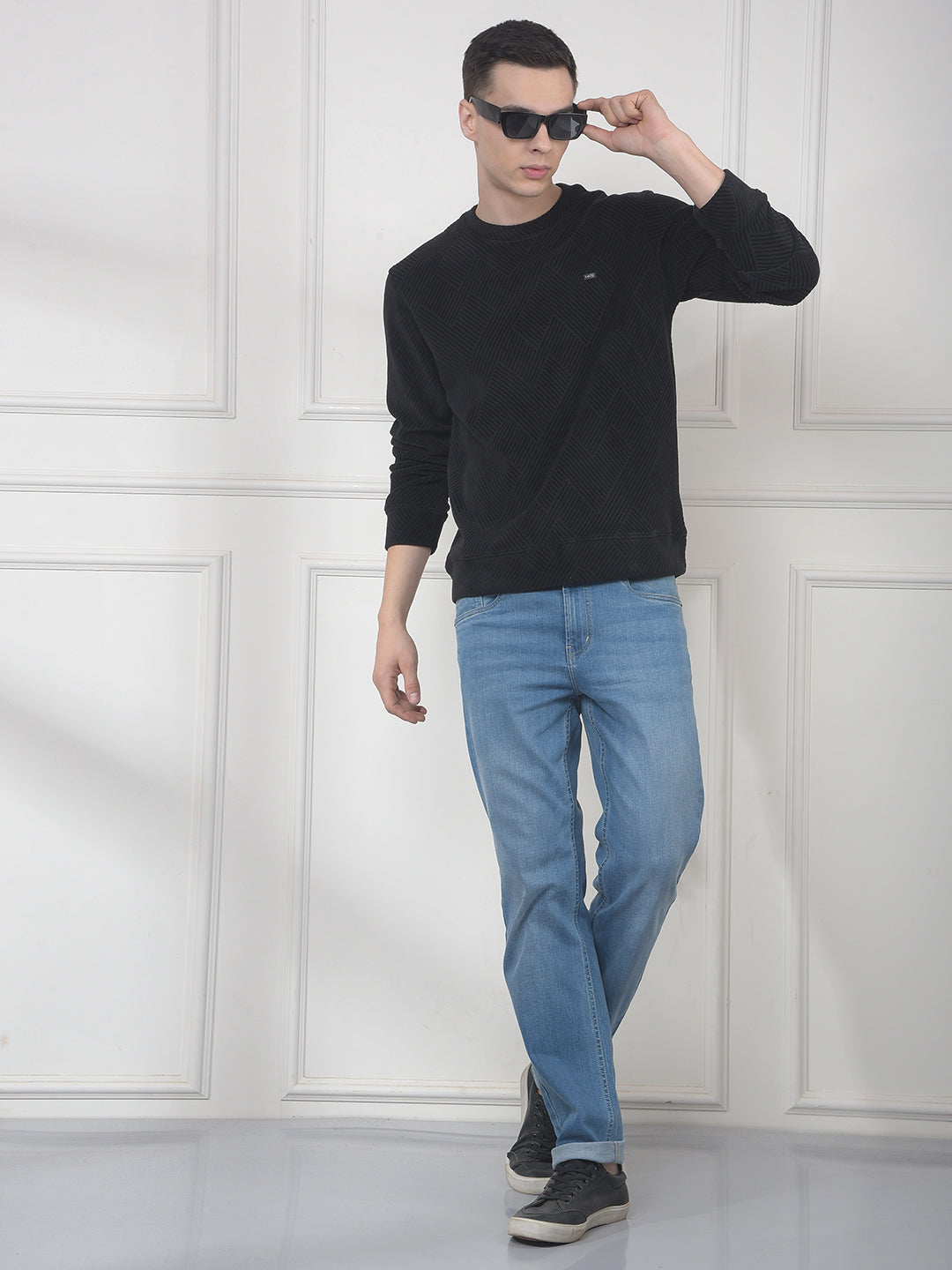 COBB BLACK SELF-DESIGN VELVET SWEATER