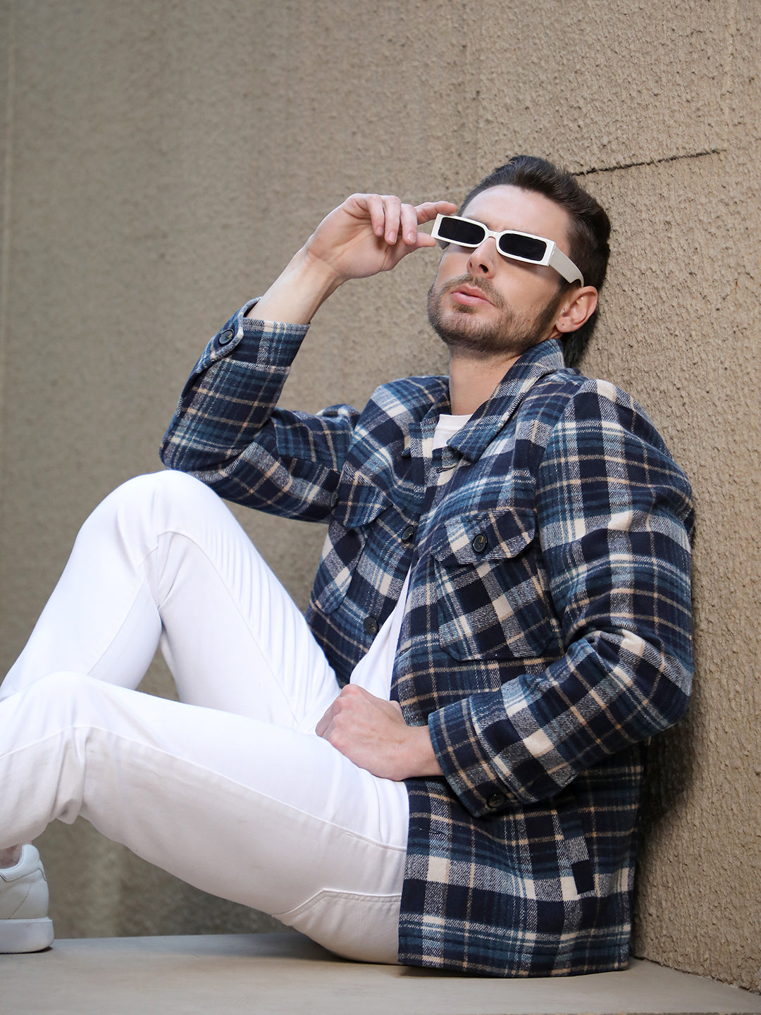 cobb navy blue checked collar shacket