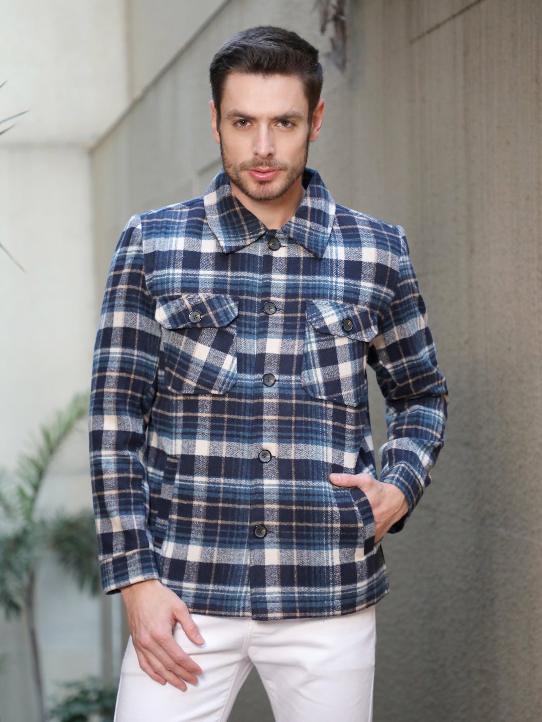 cobb navy blue checked collar shacket