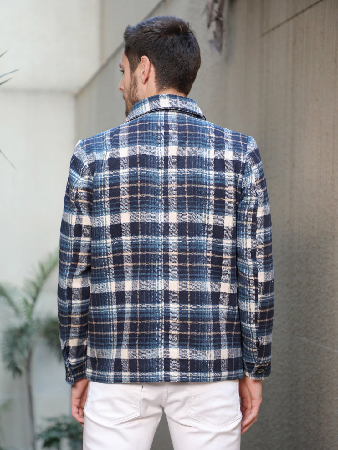 cobb navy blue checked collar shacket