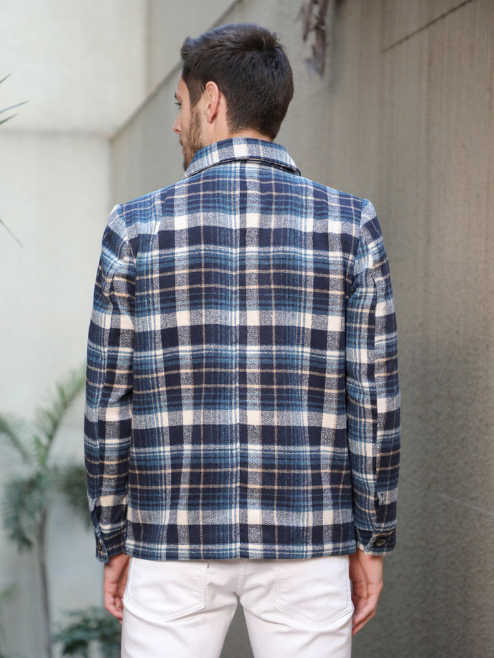 cobb navy blue checked collar shacket