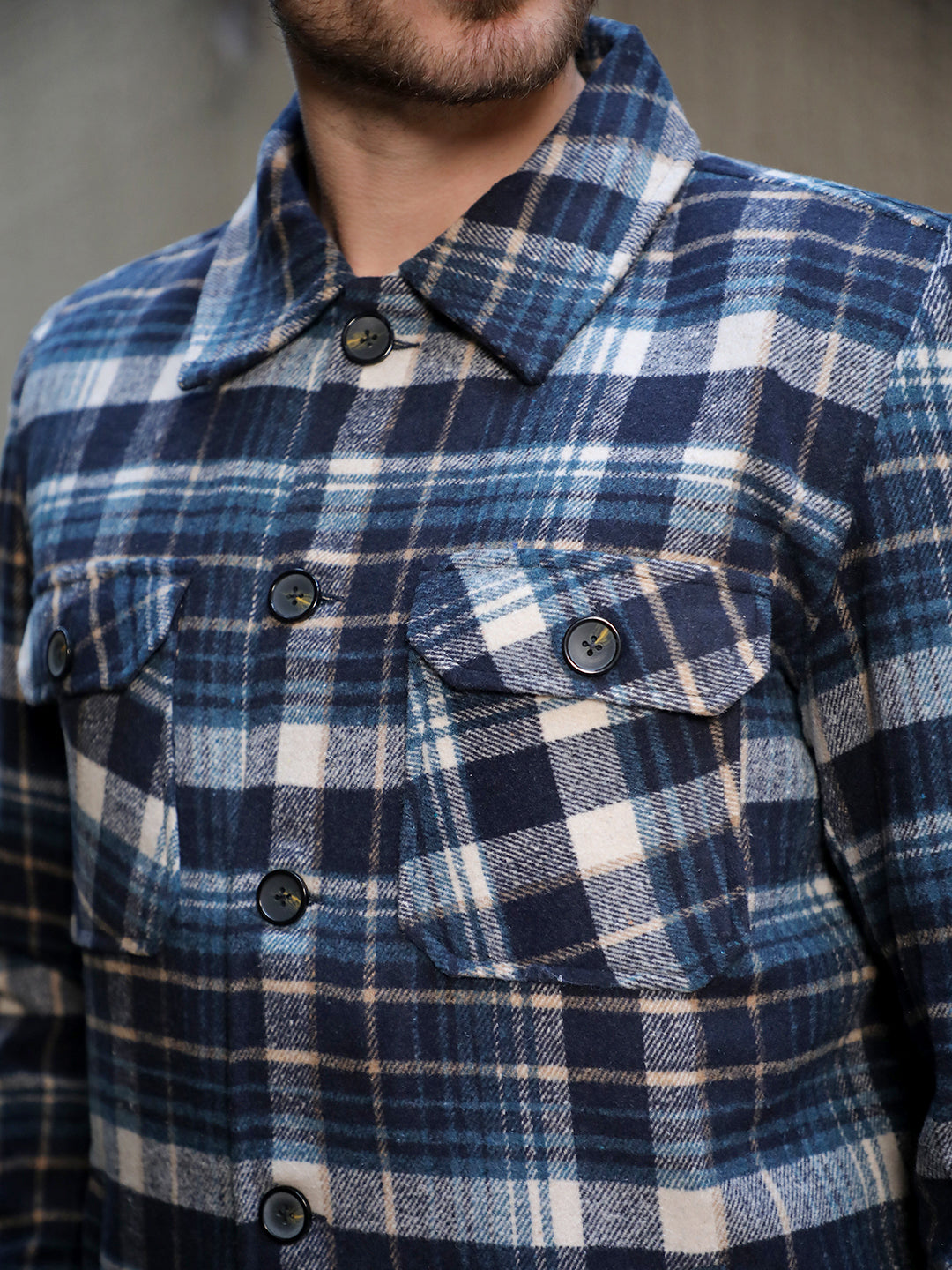 cobb navy blue checked collar shacket