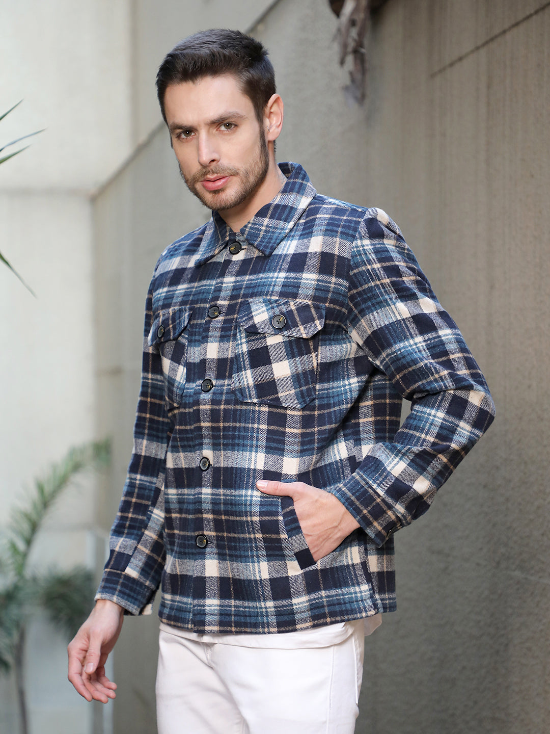 COBB NAVY BLUE CHECKED COLLAR SHACKET