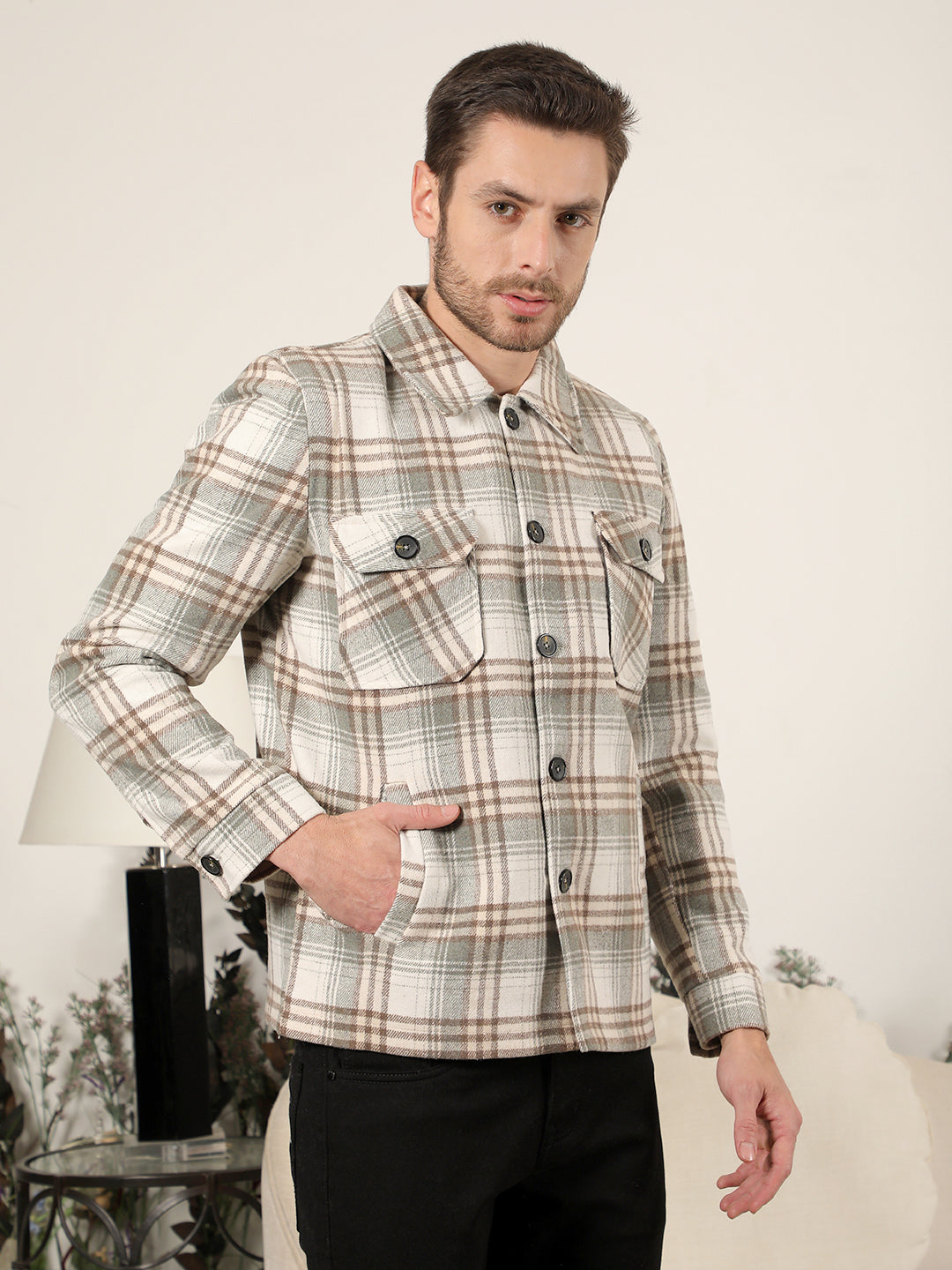 COBB BEIGE CHECKED COLLAR SHACKET