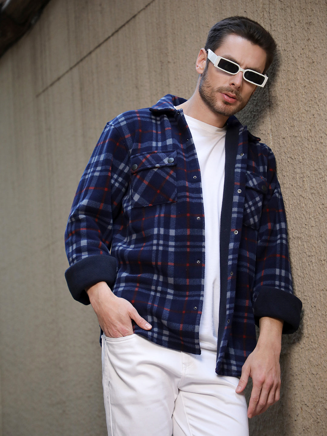 cobb navy blue checked collar shacket