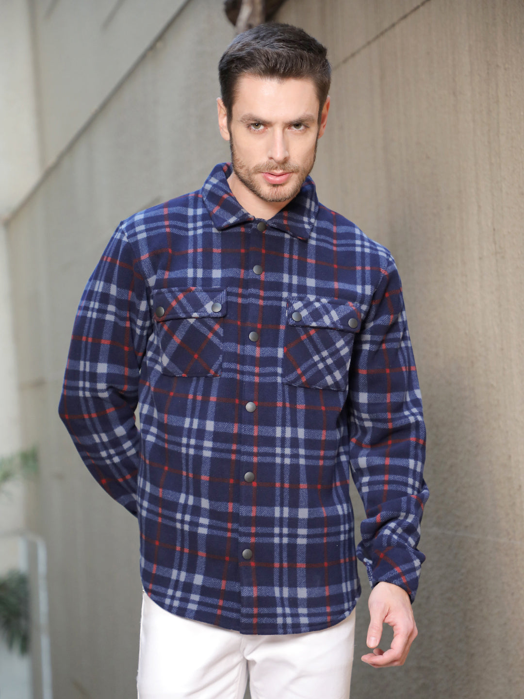 cobb navy blue checked collar shacket