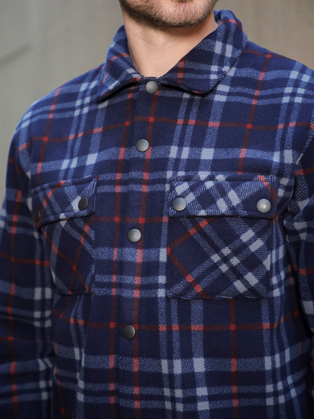 cobb navy blue checked collar shacket