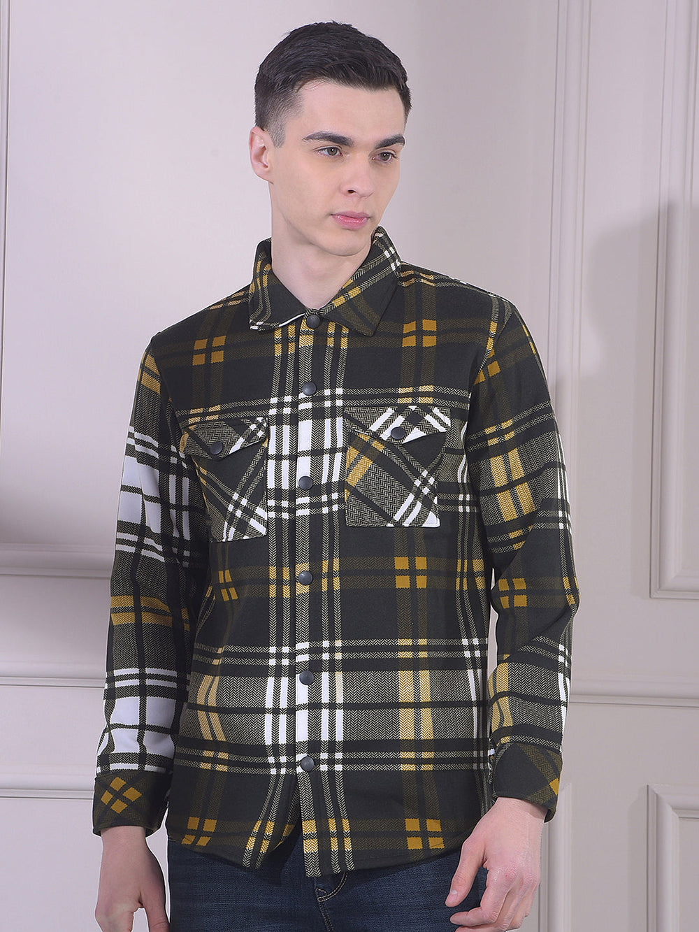 cobb dark green checked collar shacket