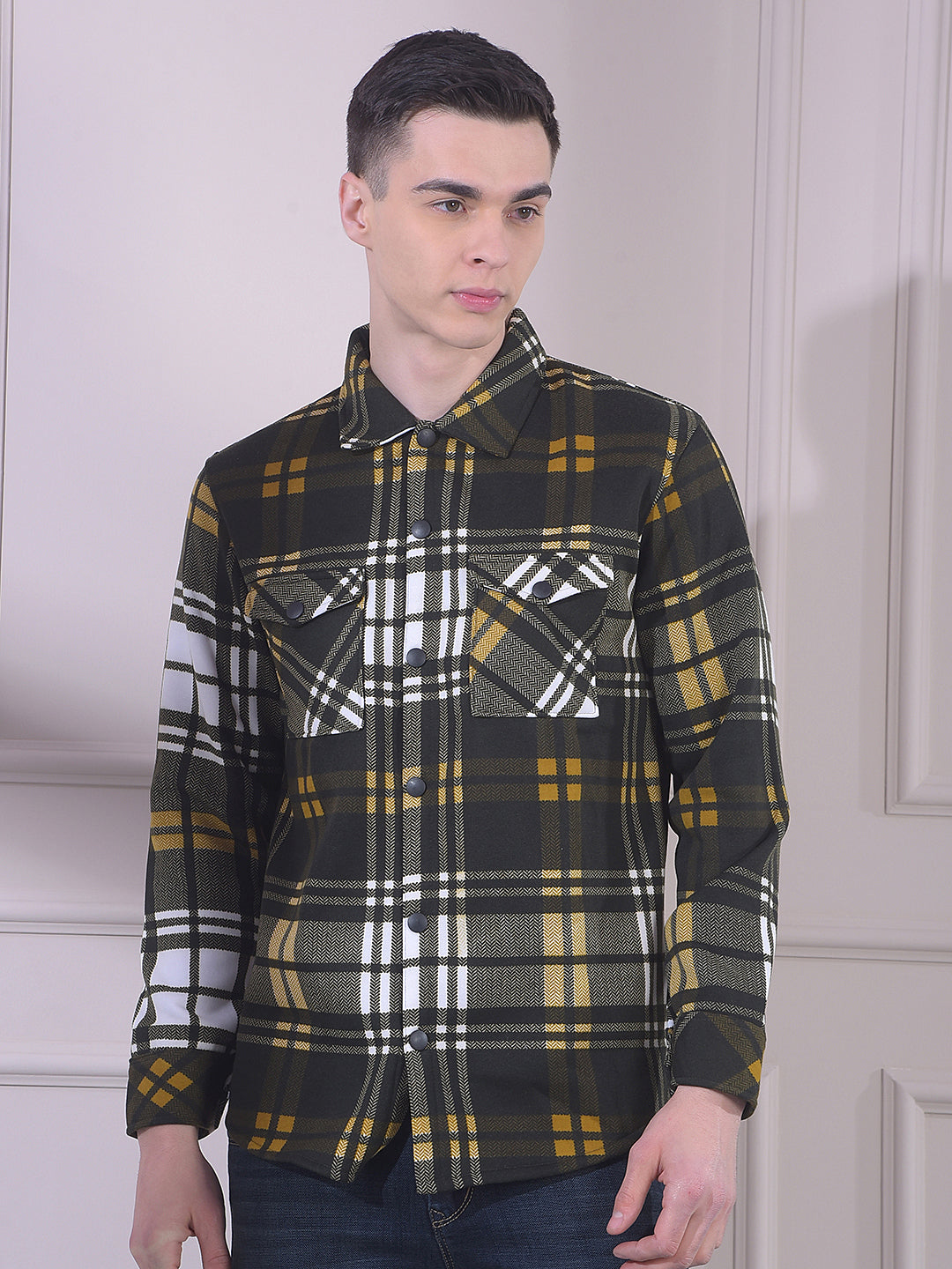 cobb dark green checked collar shacket