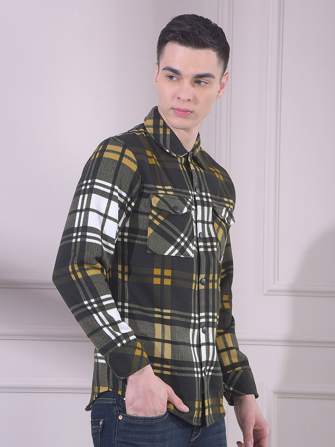 cobb dark green checked collar shacket