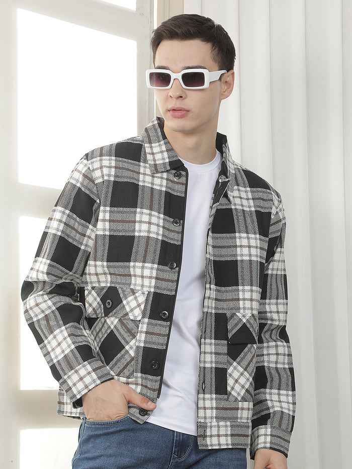 black checked zip-up button shacket