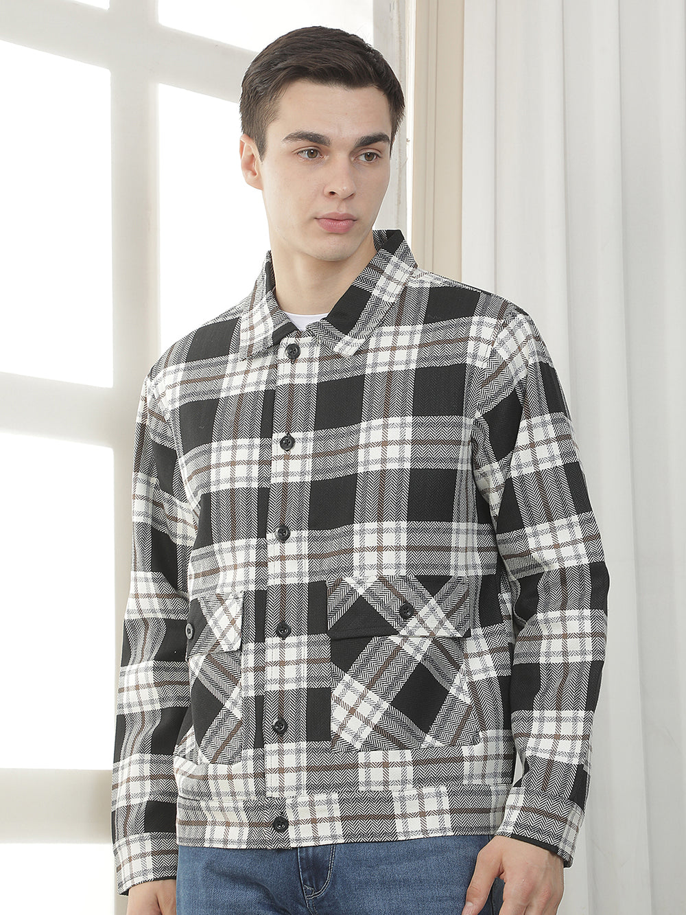 black checked zip-up button shacket