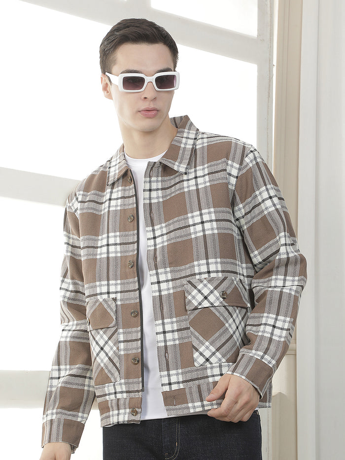 brown checked zip-up button shacket