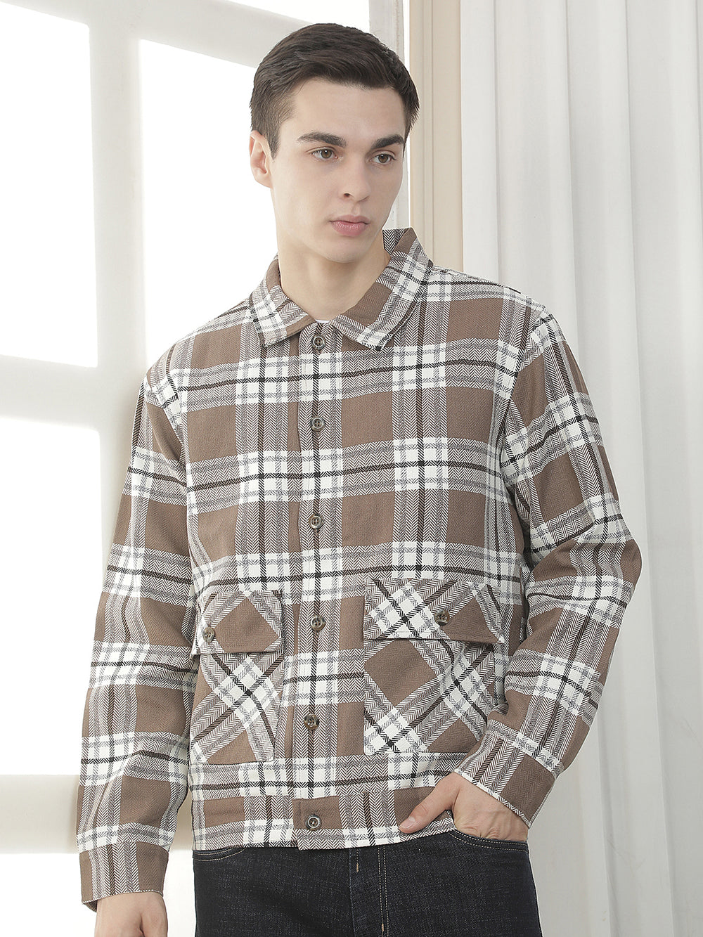 brown checked zip-up button shacket