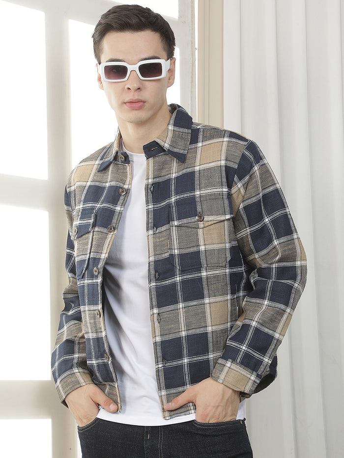 navy checked full button shacket