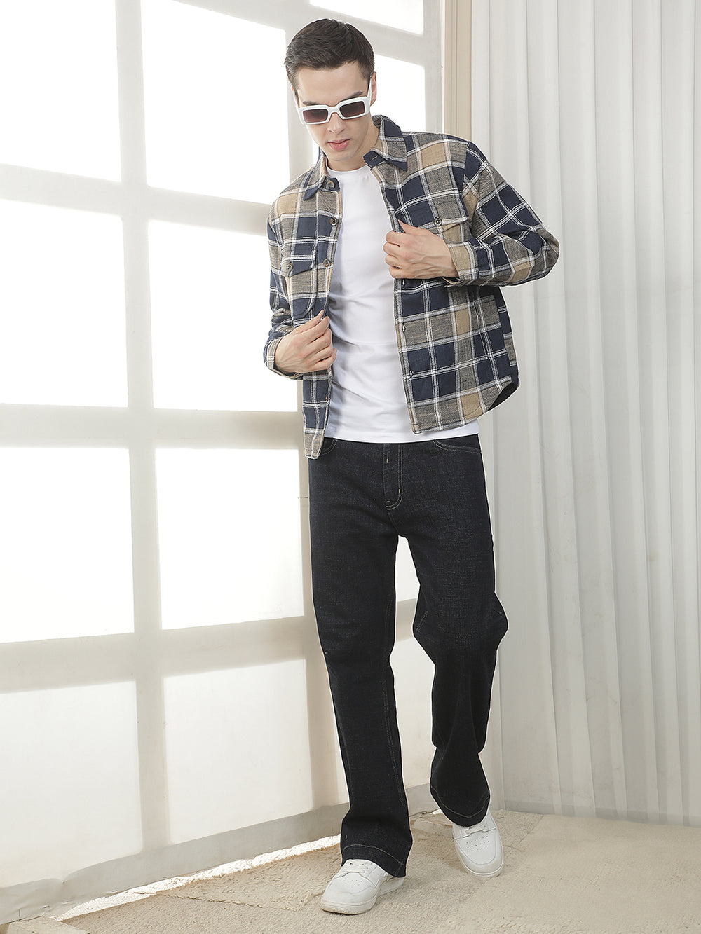 navy checked full button shacket