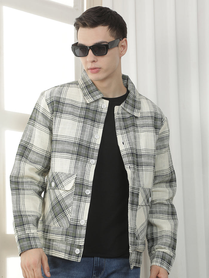green checked full button shacket
