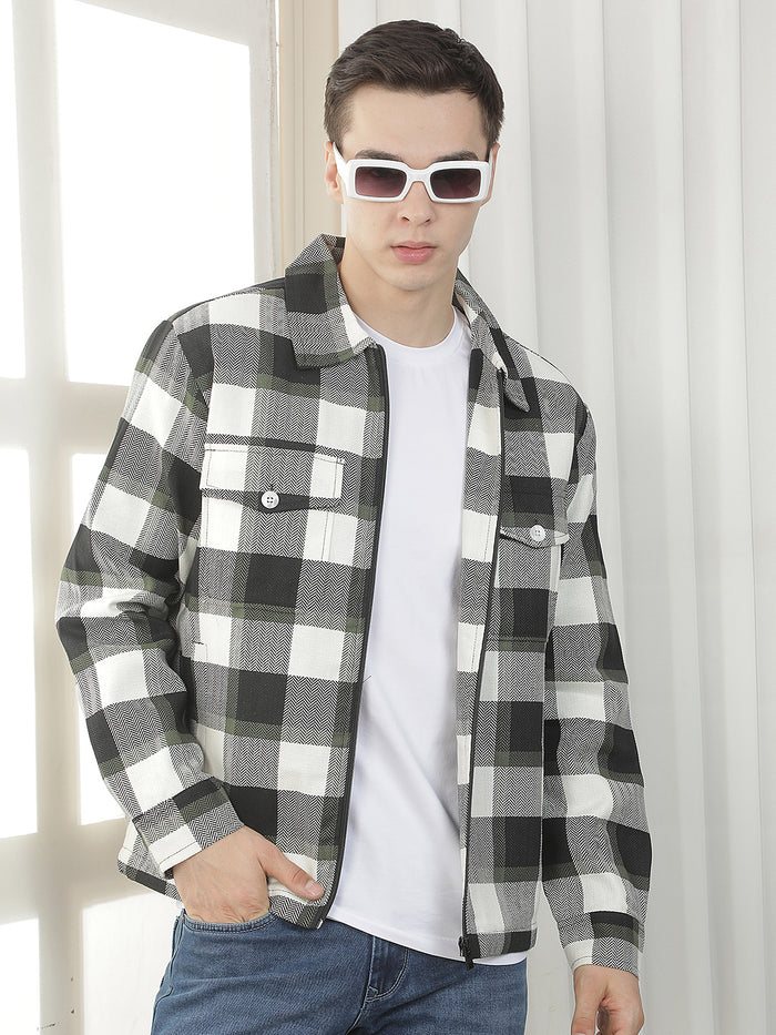 dark green checked zip-up shacket