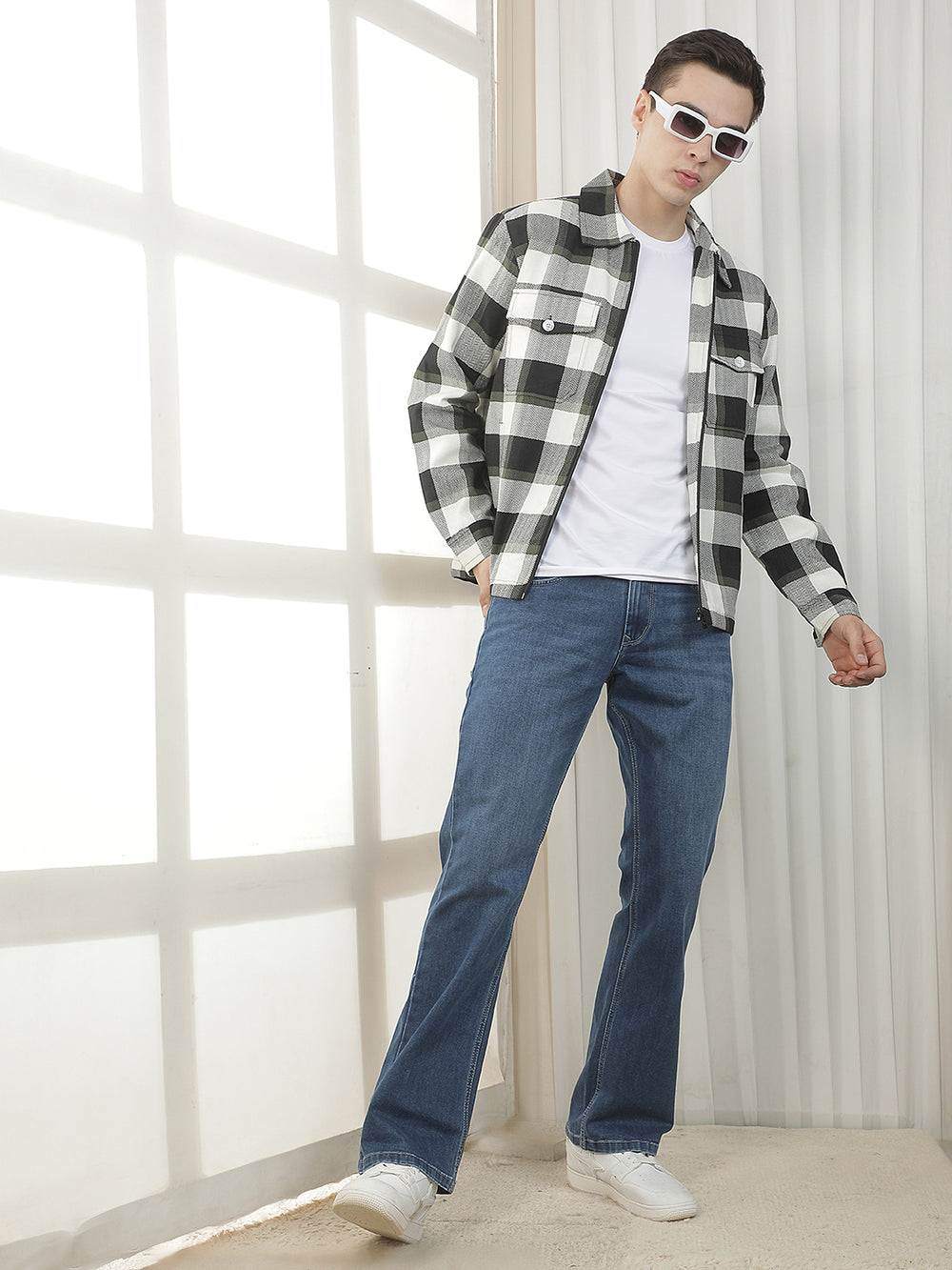 dark green checked zip-up shacket