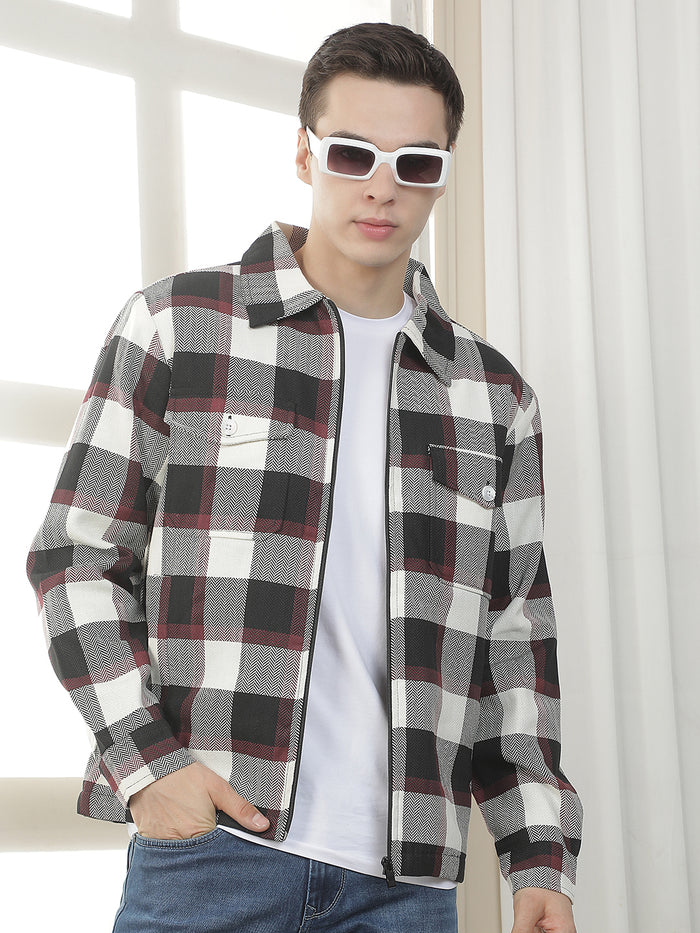 wine checked zip-up shacket