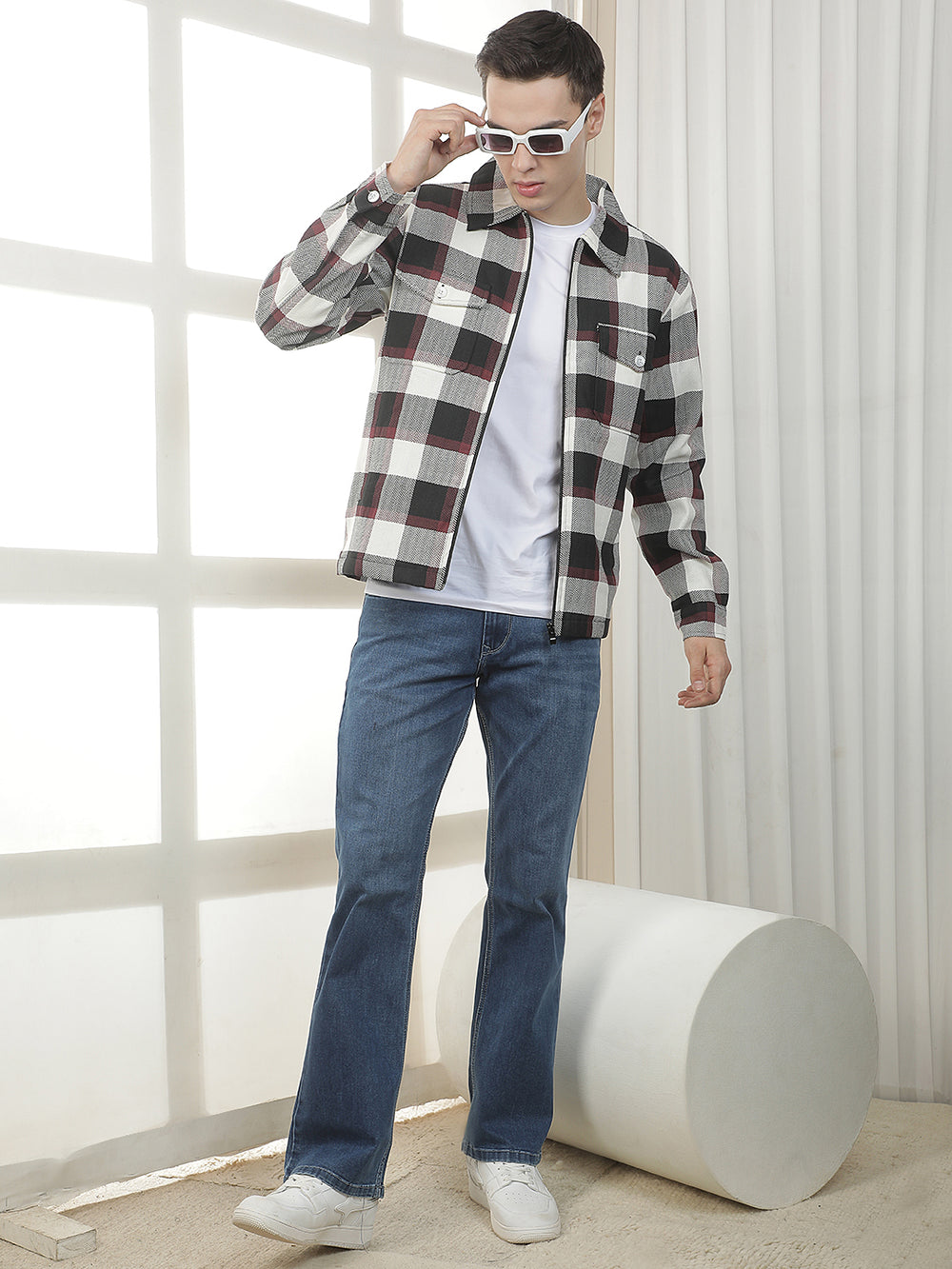 wine checked zip-up shacket
