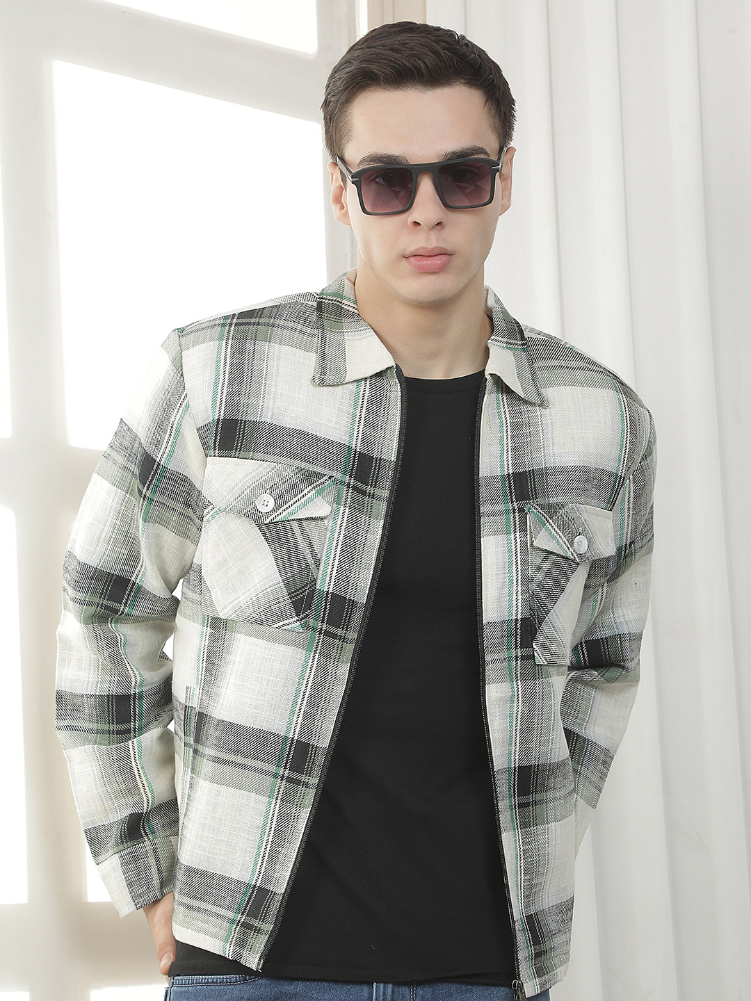 green checked zip-up shacket