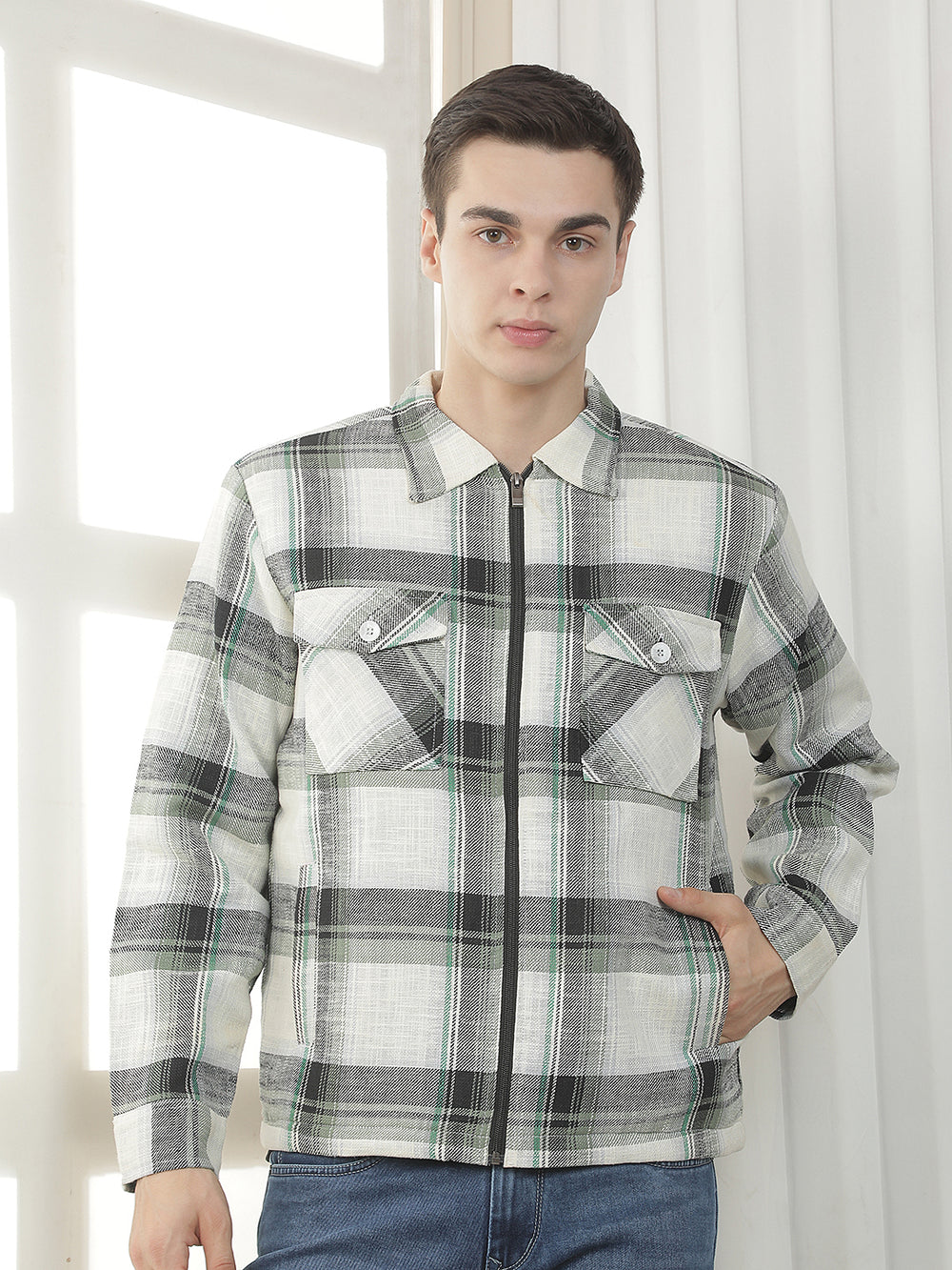green checked zip-up shacket