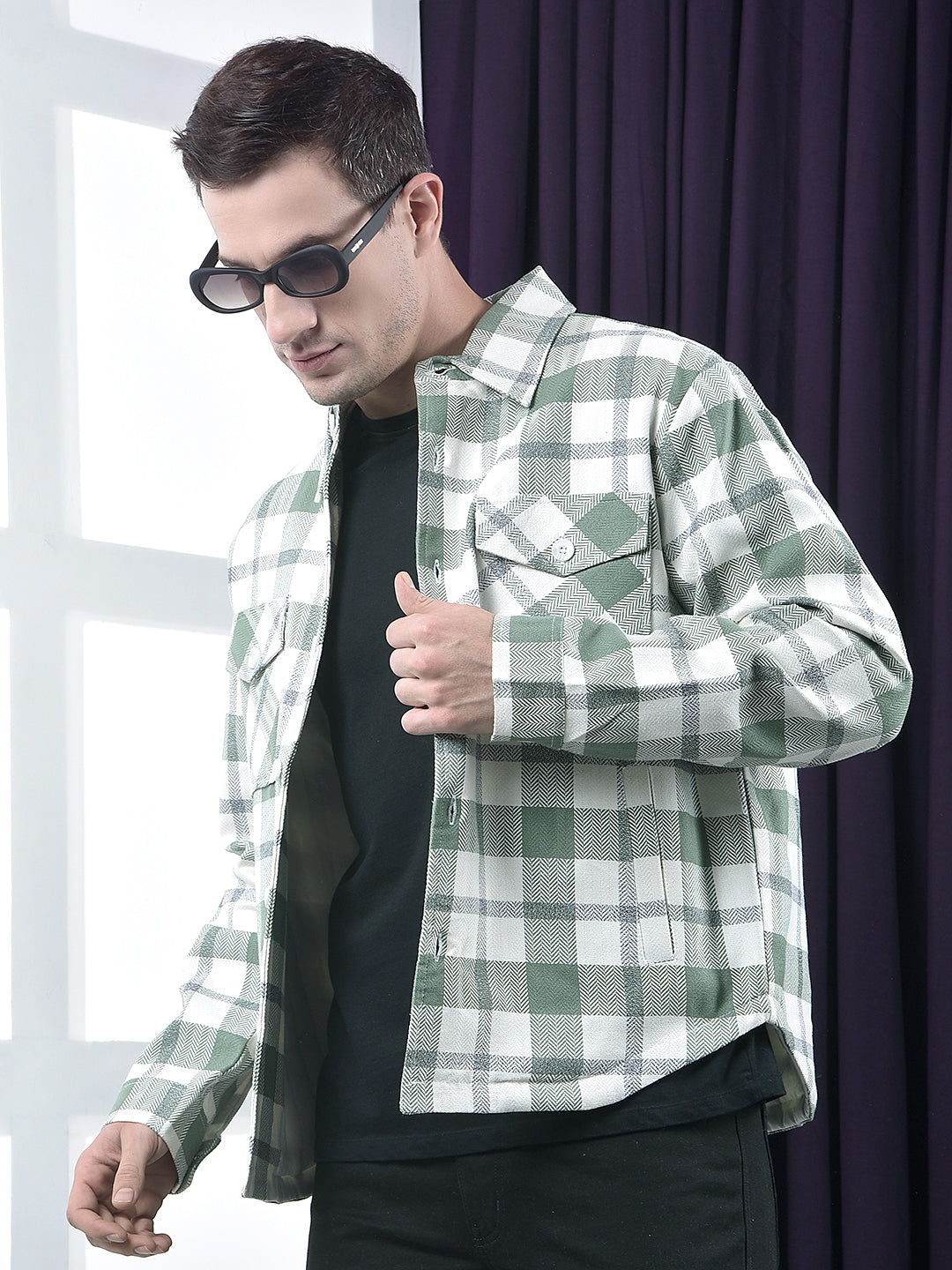 cobb light green checked collar  shacket