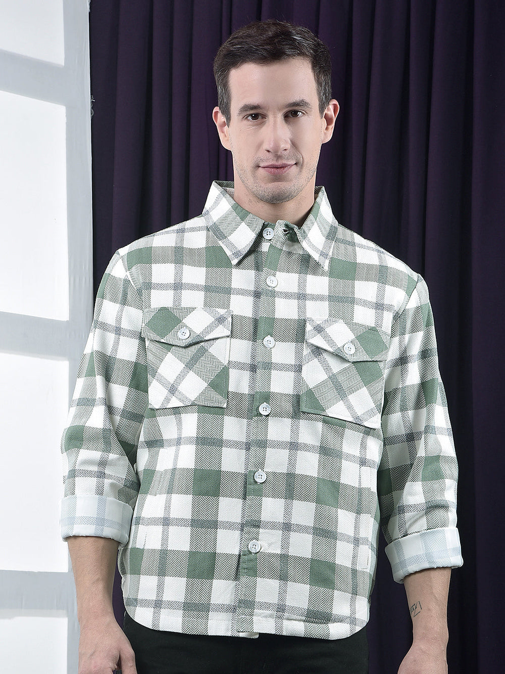 cobb light green checked collar  shacket