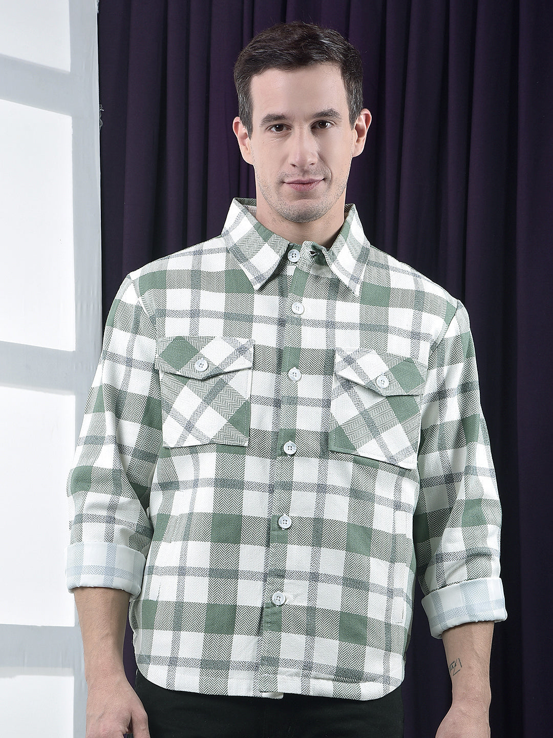 cobb light green checked collar  shacket