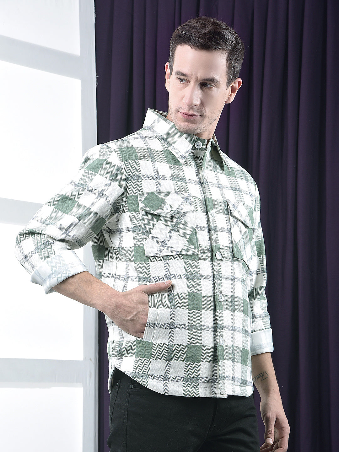 cobb light green checked collar  shacket